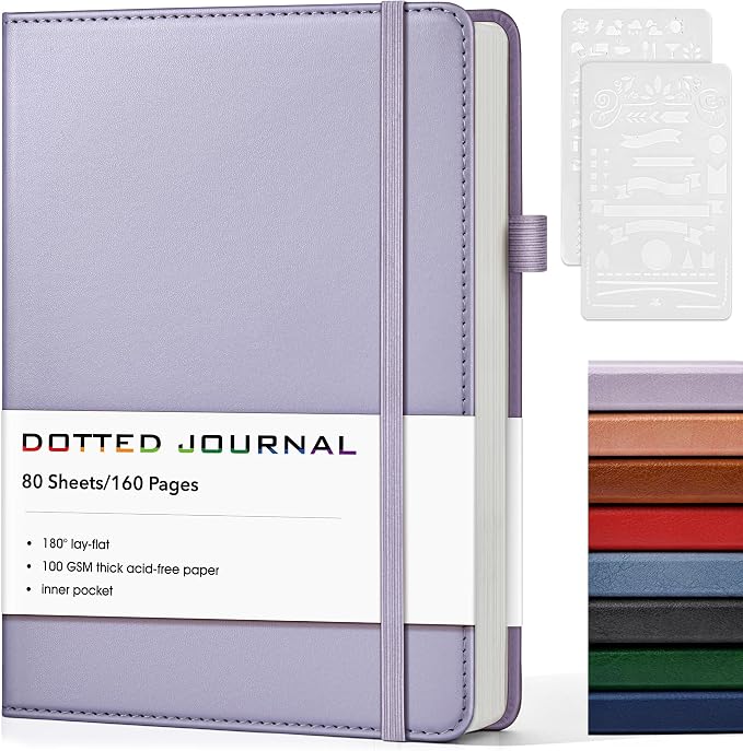 Dotted Journal Notebook, A5 Leather Hardcover, 160 Pages, 180° Lay-Flat Binding, 100 GSM Thick Paper, Dot Grid for Bullet Journaling, Planning & Daily Organization (Purple)