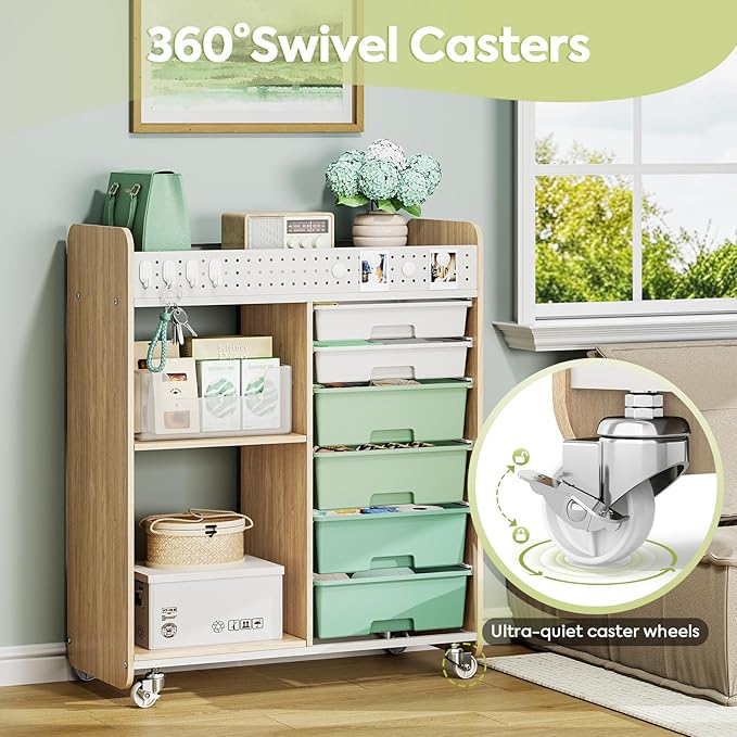 Rolling Craft Cart with 6 Drawers, Pegboard and Locking Wheels Green
