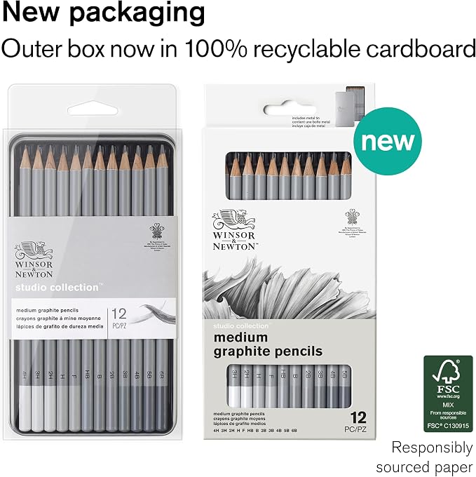 Winsor & Newton Studio Collection, Graphite Pencils, Set of 12 | Soft, Thick Core pencils, Varied Hardness, Soft Smooth Texture, Easy Blending, Stylish Metal Tin Included, High Quality Lead