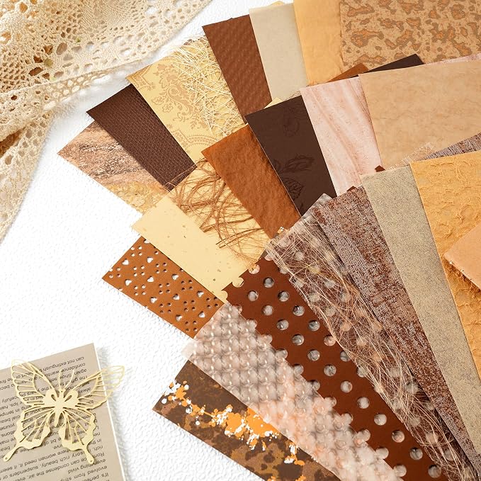 50 Sheets Unique Handmade Textured Scrapbook Paper & Mesh Fabric set - Junk Journal Supplies Craft Paper for Scrapbooking Journaling Supplies for Junk Journal Retro Crafts（Brown）
