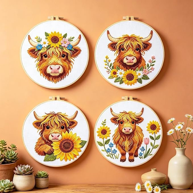 BEUNITONE 4pcs Embroidery Kit, Highland Cow & Sunflowers Stamped Embroidery Kits with Hoop, Thread & Needles, Colorful Cross Stitch Kits Sewing Gifts for Adults and Beginners, DIY Craft for Relaxation