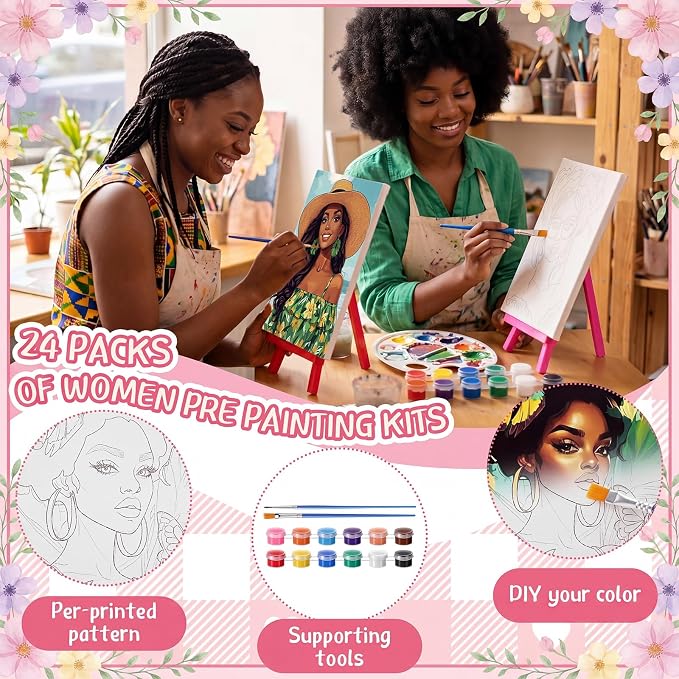 Blosssound 24 Pack Paint and Sip Kit African American Women Pre Drawn Canvas 5x7'' Afro Pre Printed Canvas Painting Kits with Easel Paint Pots Brushes Stretched Panels Gift Bulk for Party Birthday DIY