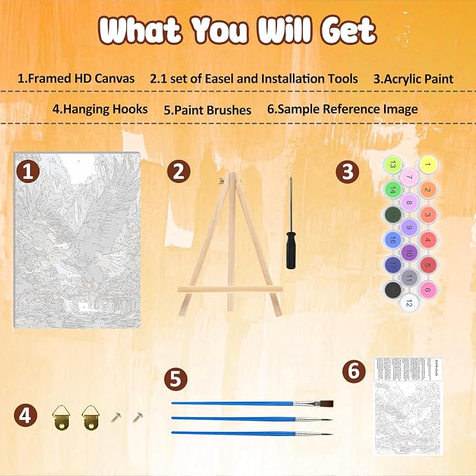 MAXBYE Eagel Framed Paint by Numbers Kits for Adults with Wooden Easel, Easy DIY Adult Paint by Number Kits on Canvas, Paintings Kit for Beginners Gift Home Wall Garden Decor 10×14 Inch