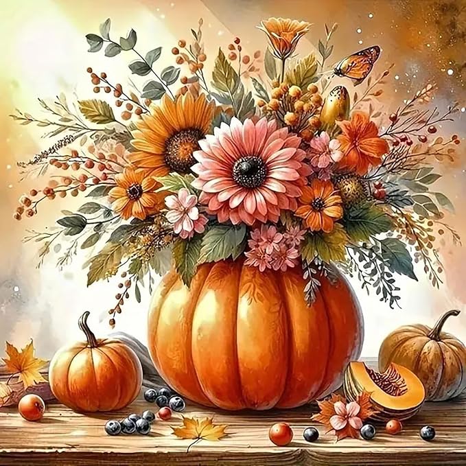 Fall Pumpkin Sunflower Butterfly Paint by Numbers Kit for Adults, DIY Paint by Numbers Kits for Adults Beginners Without Frame, Acrylic Paint Canvas Painting Kits Art for Home Decor 16x16 Inch