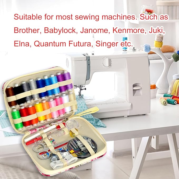 Sewing Kit with Case Portable Sewing Supplies for Home Traveler, Adults, Beginner, Emergency, Contains 18 Sewing Thread, Scissors, Needles, Measure etc,Black (red Rose）