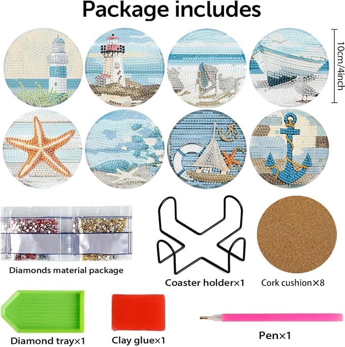 askkqtx 8 Pcs Beach Diamond Art Coasters Kits with Holder 4X4 Inch