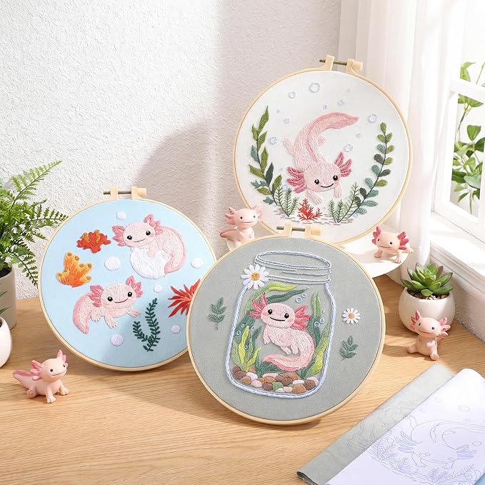 Mindsoft 3 Set Needlepoint Kit for Beginners with Hoop,Axolotl | Bamboo Hoop Thread Needles Instructions, Easy Hand Embroidery for Beginners Home Crafts,Pre-stamped Funny Cute Designs