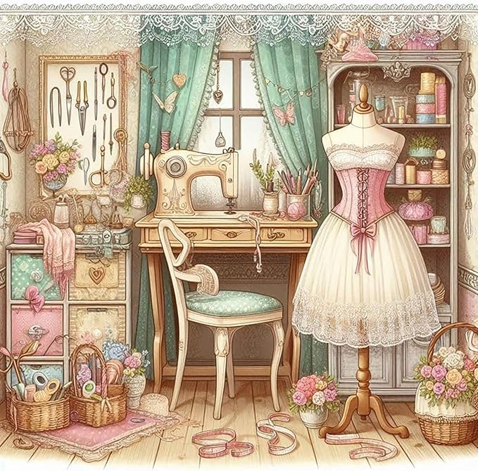 Accompany Wind Sewing Room Diamond Art Kits for Adults, Sewing Machine Diamond Painting Kits for Beginners,5D DIY Round Full Drill Diamonds Gem Art Crafts for Home Wall Decor Gifts 14x14 Inch