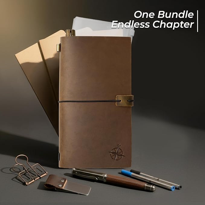 WANDERINGS Regular Size Travelers Notebook Bundle – 4.5" x 8.5" (11.5 x 22cm) – Genuine Leather Journal with Pen Holder, Pen, 2 Ink Refills, PVC Folder & Binder Clip