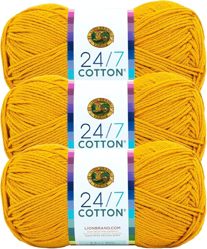 Lion Brand Yarn, 24/7 Cotton Yarn, Goldenrod, Yellow, 3 Pack