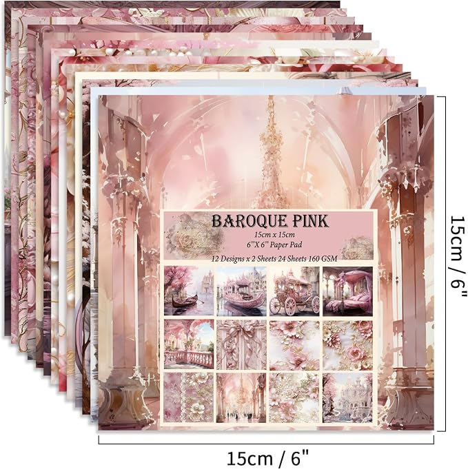 6x6" Cardstock Single Sided Scrapbooking,Craft Decorative Scrap Book Paper | 160gsm,24-Sheet 12Patterns Colored Paper,Junk Journal Supplies,Vivid Origami Papers DIY Craft Gift Wrapping Album.BaroquePink