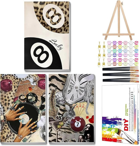 Mandun Leopard Paint by Numbers Kit for Adults, 3 Pack, 7.8x11.8 inch | DIY Painting Kits Crafts for Adults, Relieve Stress, Frame Canvas, Wooden Easel, Gift Box, Home Wall Decor