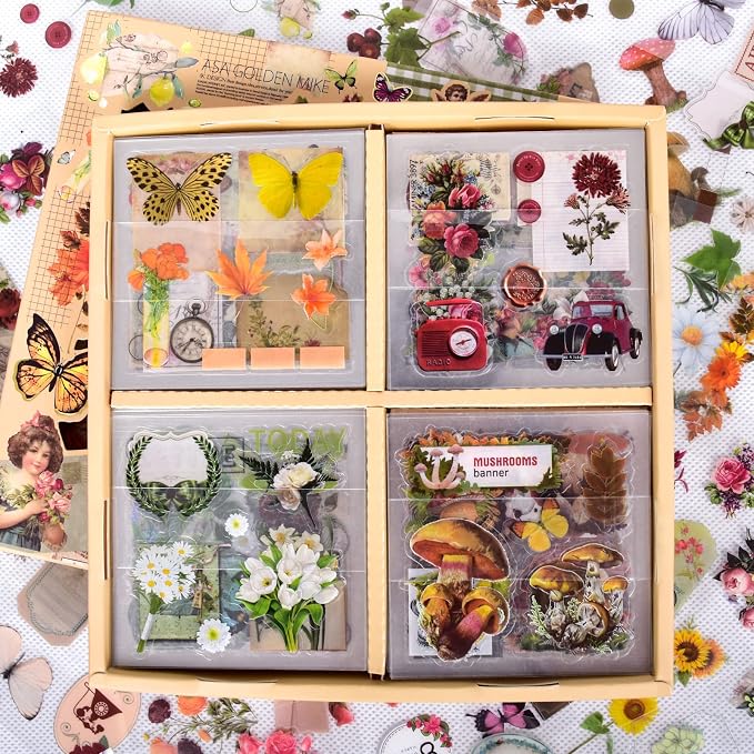 510PCS Plants Floral Scrapbook Stickers Kit Vintage Flowers Butterfly Mushroom Fall Maple Leaves Transparent Waterproof Stickers Set for Scrapbooking Supplies Aesthetic Junk JournalCraft