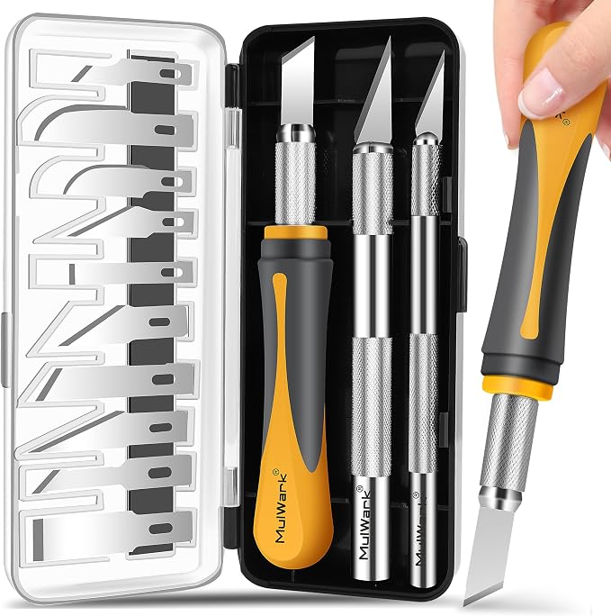 MulWark Exacto Knife Set | Craft Knife Kit | 16pc Precision Craft Hobby Kit with Razor Sharp Knives for Wood, Crafting, Leather, Scrapbooking & Modeling