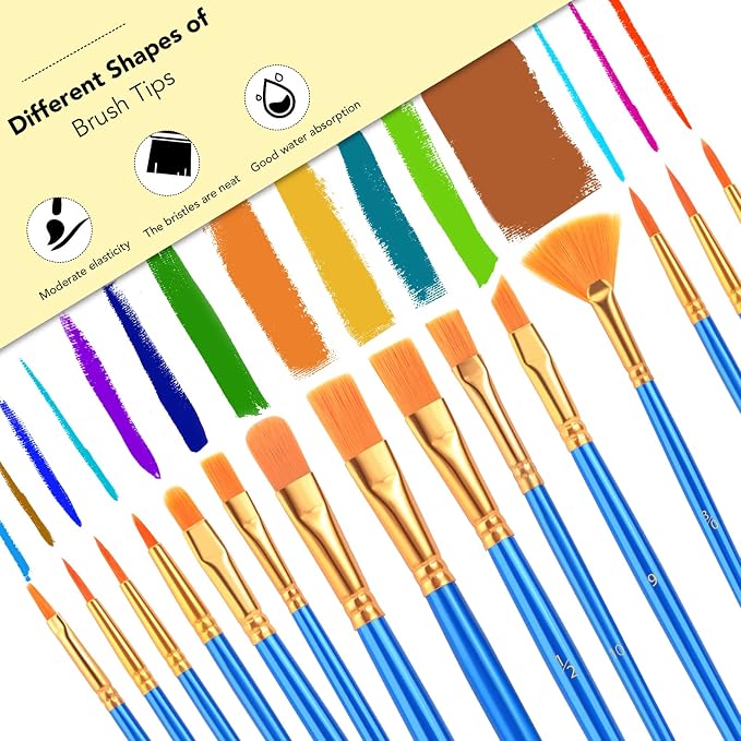 AROIC Acrylic Paint Brush Set, 15 pcs Nylon Hair Paint Brushes | All Purpose Oil Watercolor Face Body Rock Painting Artist, Small Painting Brush Kits for Kids Adult Drawing