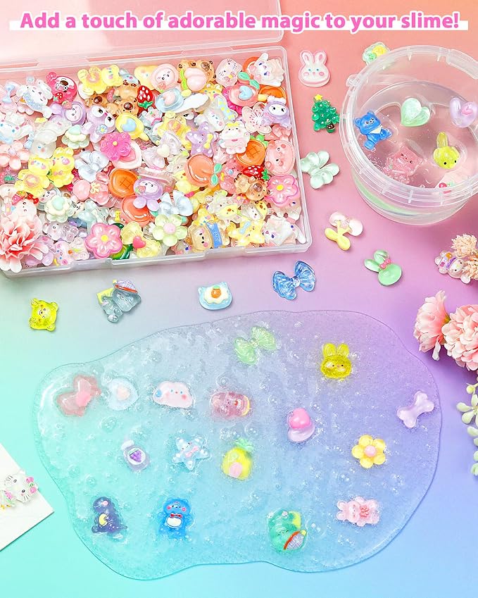 FIVEIZERO 100PCS Cute Slime Charms, Kawaii Flatback Resin Charms | 50+ Unique Designs, Glittery Finish, Easy to Glue, Lightweight and Durable, Perfect for DIY Decoration