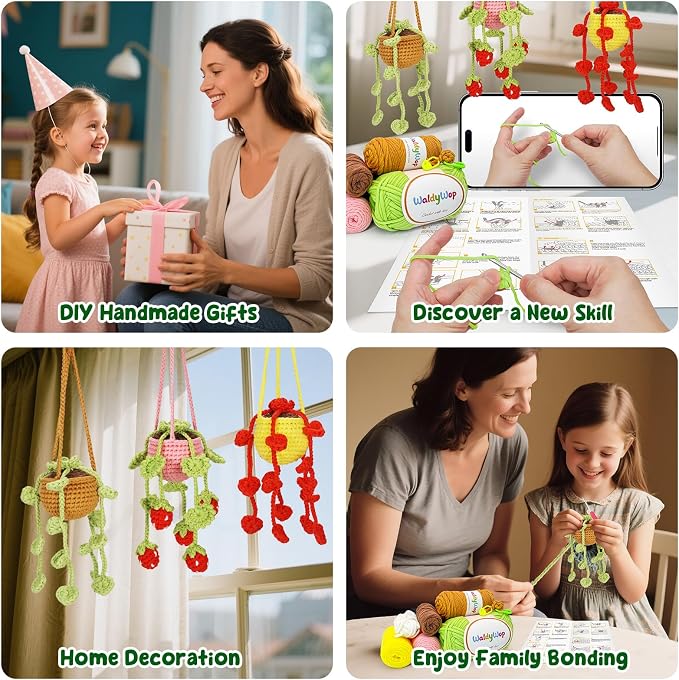 WaldyWop Crochet Kit for Beginners: 3 PCS Hanging Potted Crochet Plants Kits for Adults Kids 8-12 - Easy Video Tutorials & Printed Instructions & 40% Extra Yarn - DIY Birthday Gift Set for Girls Women