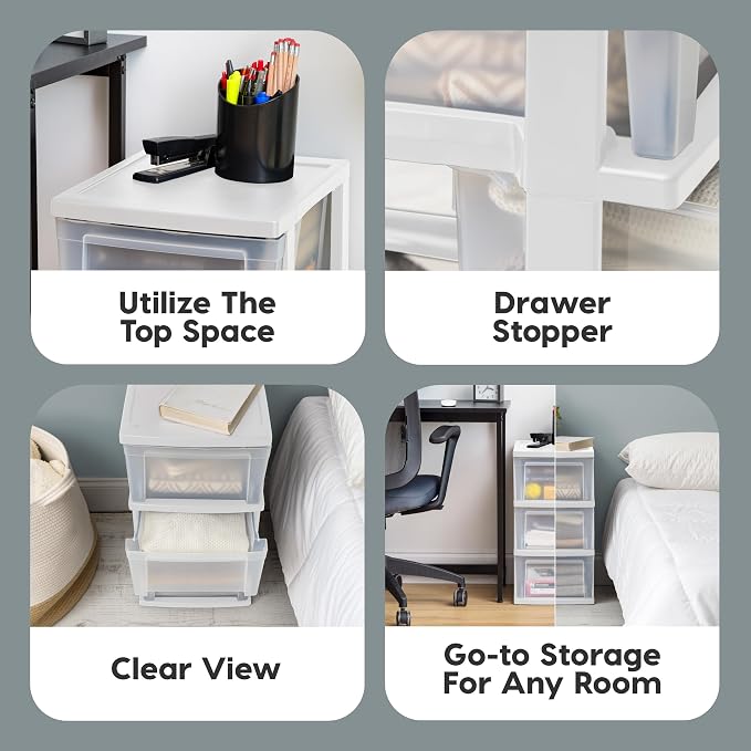 IRIS USA 3-Drawer Slim Narrow Storage Organizer, 2-Pack, White/Clear