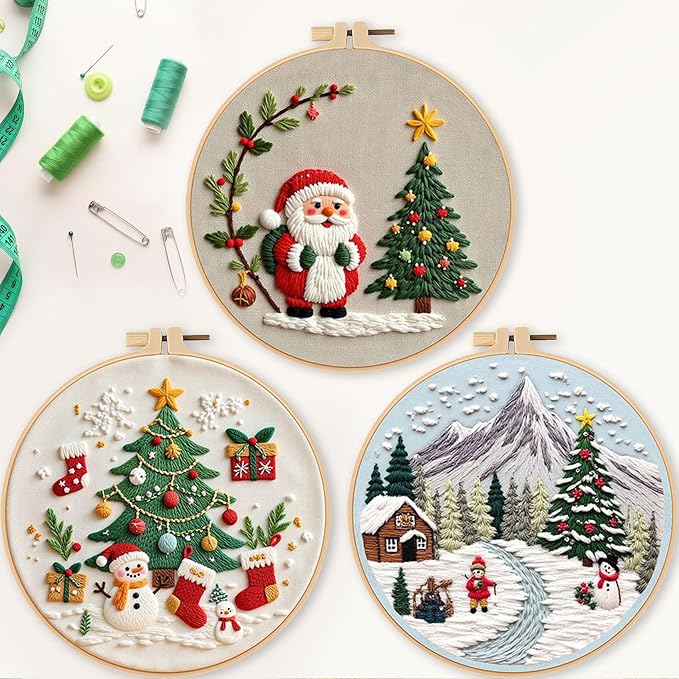 LB Red Christmas Embroidery Kit for Beginners Adults, 3 Sets Hand Embroidery Starter Kit with Santa Pattern and Instructions Stamped Cross Stitch Kits Include Embroidery Hoop Needles Threads Scissors