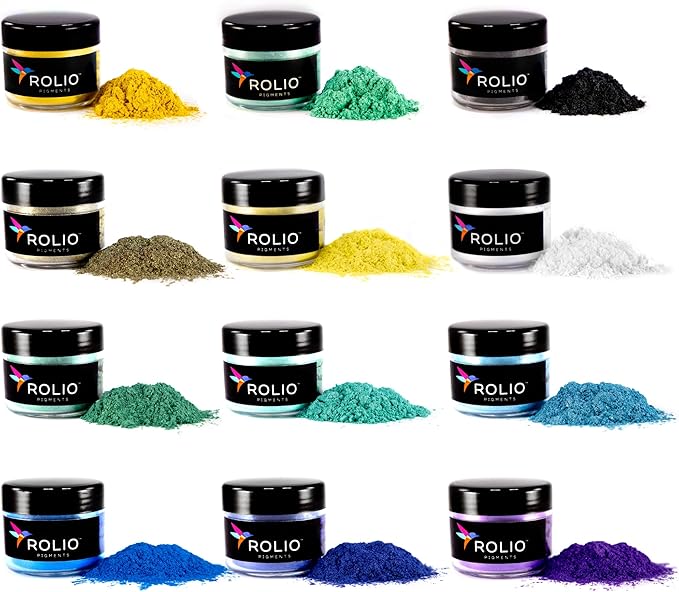 Rolio - Mica Powder Color Pigment Set - Summer Mountains, 10g, 12 Jars | Pearlescent Color Pigments, Resealable Jars for Epoxy Resin, Soap Making, Candles, Slime, Nail Art, and DIY Crafts