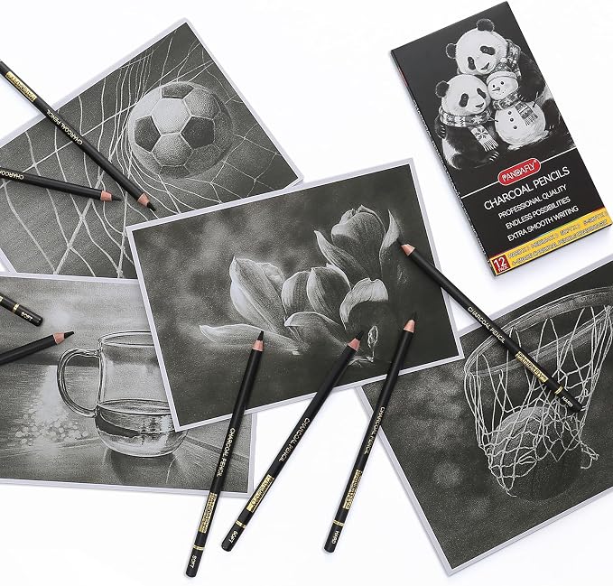 PANDAFLY Charcoal Pencils Set, 12 Pack (Super Soft, Soft, Medium & Hard) | Professional Black Charcoal Pencils for Drawing Sketching Shading, Charcoal Drawing Set for Beginners & Pro Artists