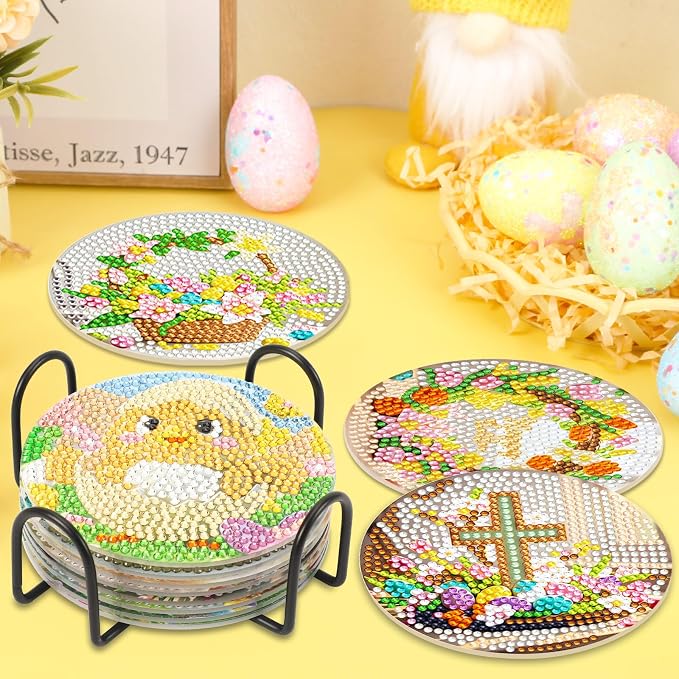 UPINS 8 Pieces Easter Diamond Art Coasters,Bunnies Diamond Art Coaster for Adults Diamond Kits Supplies for Spring Easter Gift