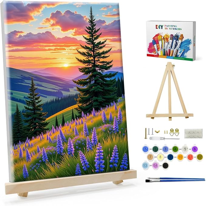 SparkGlow Landscape Paint by Numbers Kit for Adults with Frame, 8×12 Inch | Sunset Landscape Painting by Numbers, Premium Materials, Fun and Relax, Include Easel, Number Painting for Gift, Home Decor