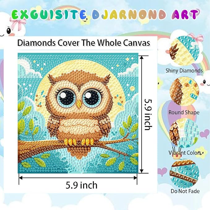 cviokrdu 4 PCS Diamond Art Kits for Kids, Animal Diamond Art for Kids Ages 4 8 12, Cute Sloths Koalas Owls Pandas Gem Art Kit Crafts Beginners for Gift Home Wall Decor(6x6inch)