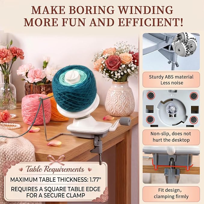 SPEENSUN 3.5 OZ Yarn Ball Winder, Low Noise Spinner for Crocheting, Grey | ABS Manual Ball Maker with Non-Slip Table Clamp, Easy Install Knitting Tool, Smooth Operationfor Yarns Below Size 5