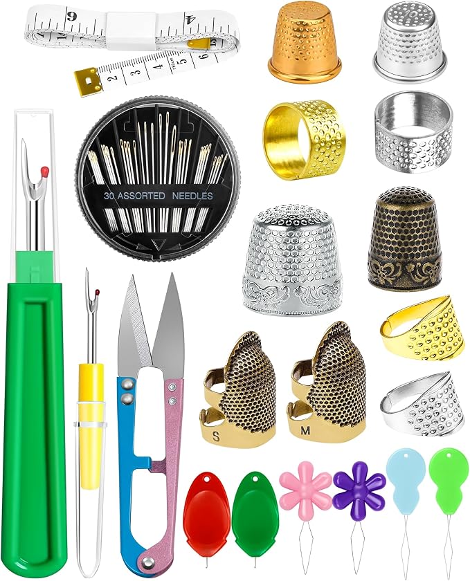 FIVEIZERO Sewing Thimble Kit for Hand Sewing, Metal Finger Protectors for Quilting, Mothers Day Gift, Includes Needle Threader, Embroidery Needles, Seam Ripper, Measuring Tape and Thread Snips