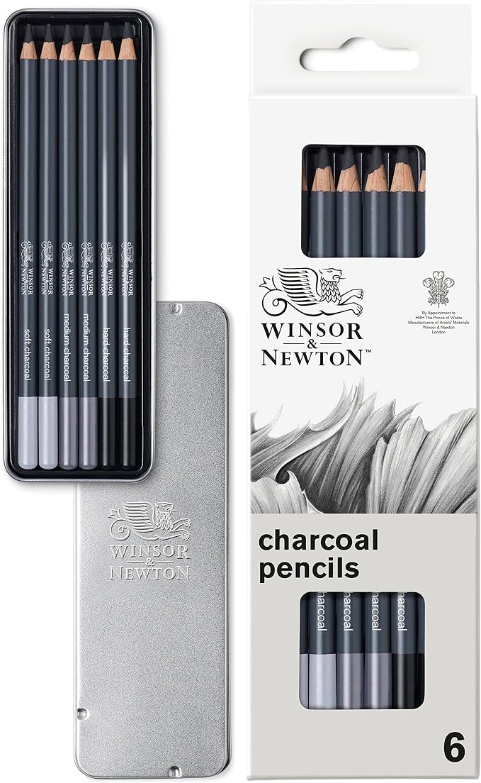 Winsor & Newton Studio Collection, 6 Count, Charcoal Pencils | Mixed Grade Charcoal Pencils, Wooden Barrels, On-The-Go Tin, High Quality Core Binder, Break-Resistant Cores & Points