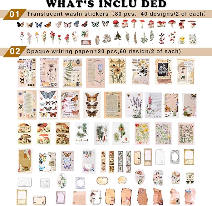 Draupnir 200pcs Vintage Junk Journal Supplies,Scrapbook Supplies Scrapbooking Paper and Stickers Ephemera For Art Aesthetic Journaling Kit Collage(Nature)