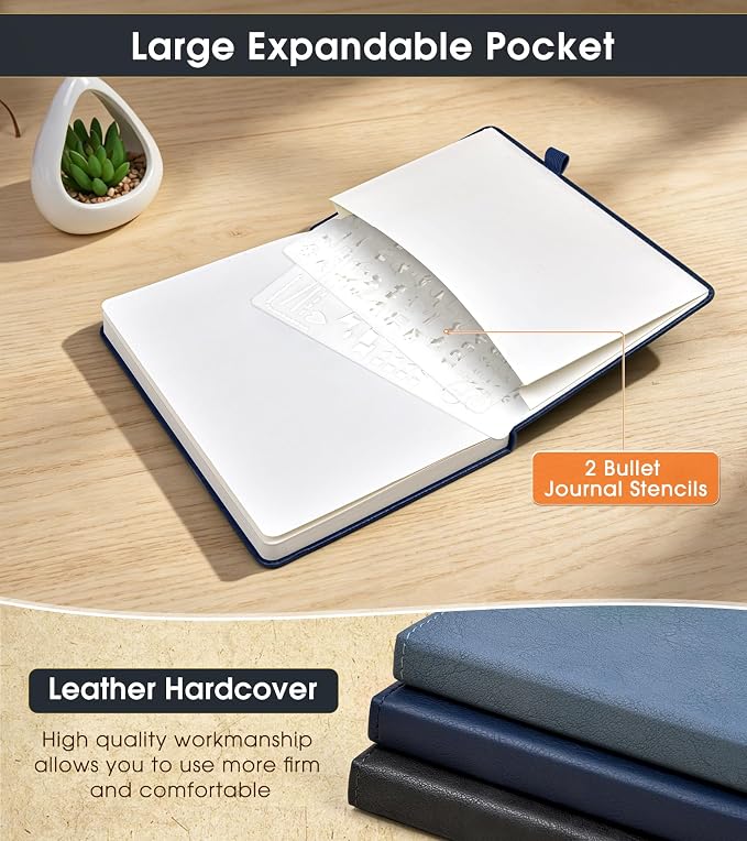 Dotted Journal Notebook, A5 Leather Hardcover, 160 Pages, 180° Lay-Flat Binding, 100 GSM Thick Paper, Dot Grid for Bullet Journaling, Planning & Daily Organization (Navy)
