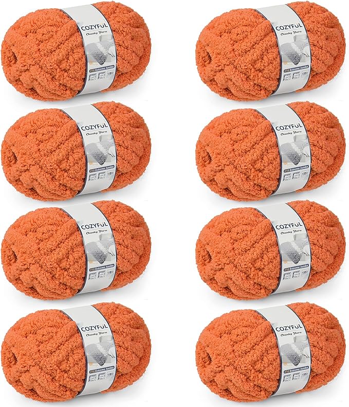 Cozyful Chunky Yarn for Hand Knitting - #10 Chunky Chenille Yarn, Jumbo Big Thick Chunky Yarns for Crocheting, Super Bulky Chunky Knit Blanket Yarns, 8 Skein (22 yds 8 oz Each Skein), Pumpkin Orange