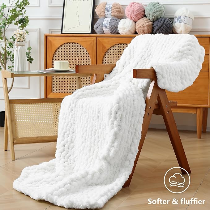 Cozyful Chunky Yarn for Hand Knitting - #10 Chunky Chenille Yarn, Jumbo Big Thick Chunky Yarns for Crocheting, Super Bulky Chunky Knit Blanket Yarns, 8 Skein (22 yds 8 oz Each Skein), Pure White