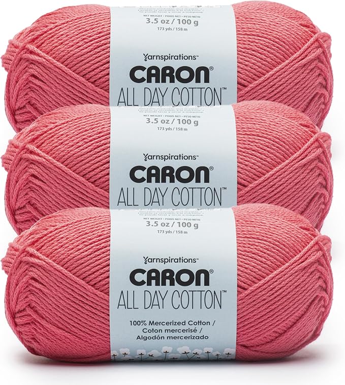 Caron All Day Cotton Yarn for Crocheting, Cherry, 3-Pack | #4 Worsted Yarn, 100% Mercerized Cotton, Soft Crochet Yarn for Knitting, Amigurumi & Crafts, 173yds, 100g/3.5oz per skein