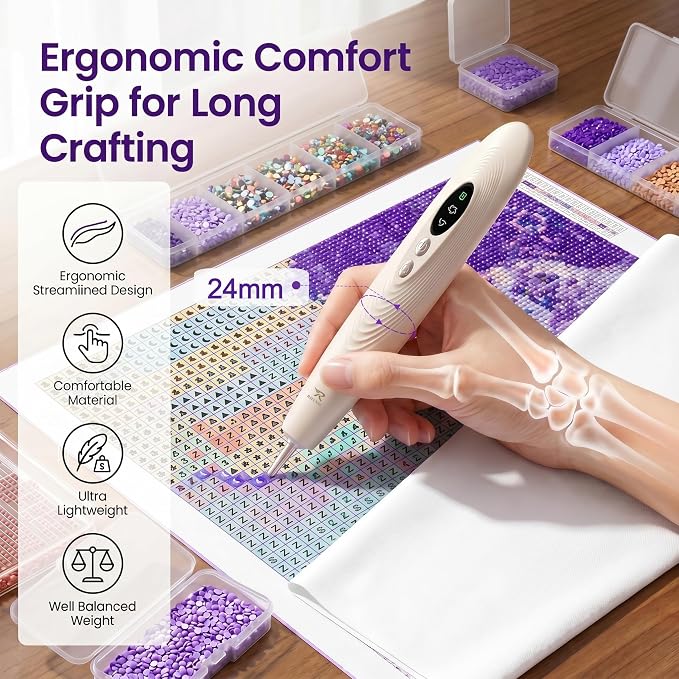 RHYNIC Electric Diamond Art Pens with Light, Diamond Art Kits for Adults, Wireless & Rechargeable Diamond Painting Pen, 2 Suction Levels, Ergonomic Grip, Quiet Diamond Painting Accessories and Tools