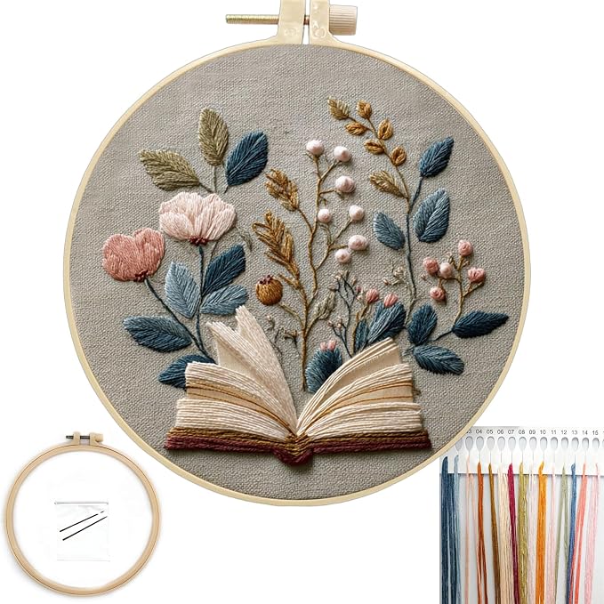 FONNUY Embroidery Kit for Beginners, Flower Book Pre-Stamped Pattern Kits for Adults with Hoop, Cross Stitch Easy to Follow Color Thread Needlework, 8'' Hoop (Brown)