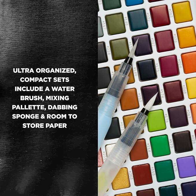 SAKURA XCNW-12H XNCW-12H, 12 Assorted Watercolors Field Sketch Set with Brush | Watercolor Sets for Painting On the Go, Includes Water Brush, Sponge, and Mixing Palette, Portable Travel Art Kit