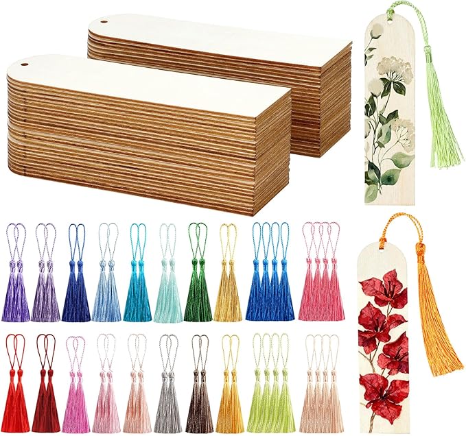 50 Pcs Wooden Bookmarks, Unfinished Wooden Bookmarks with 50 Pcs Tassels, DIY Blank Wood Bookmark for DIY Art Crafts, Birthday Gifts, Christmas Party Decoration (Arch Shape)