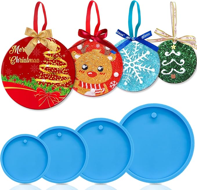 MEMOVAN Christmas Ornaments Resin Molds with Hole 4pcs Round Silicone Coaster Molds Round Pendant Casting Molds for Epoxy Resin Christmas Tree Decorations IY Crafts Keychain Making