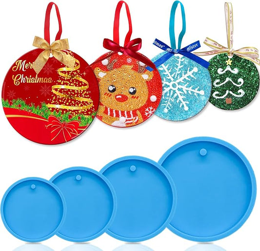MEMOVAN Christmas Ornaments Resin Molds with Hole 4pcs Round Silicone Coaster Molds Round Pendant Casting Molds for Epoxy Resin Christmas Tree Decorations IY Crafts Keychain Making