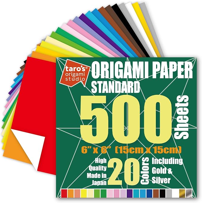 [Taro's Origami Studio] Standard 6 Inch One Sided 20 Colors 500 Sheets Square Easy Fold Premium Japanese Paper for Beginner (Gold and Silver Included) Made in Japan