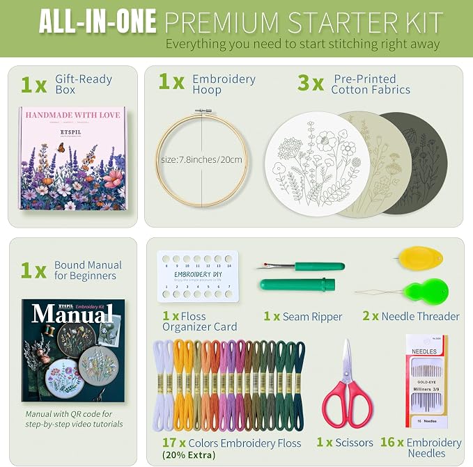 ETSPIL Embroidery Kit for Beginners, 11 Stitches, Easy to Follow, 4K Video | Pre-Printed Fabric, No-Wash. Bound Manual, Step-by-Step. 16 Needles, 14 Colors, 20% Extra. All in One Box. Quiet Time at Home