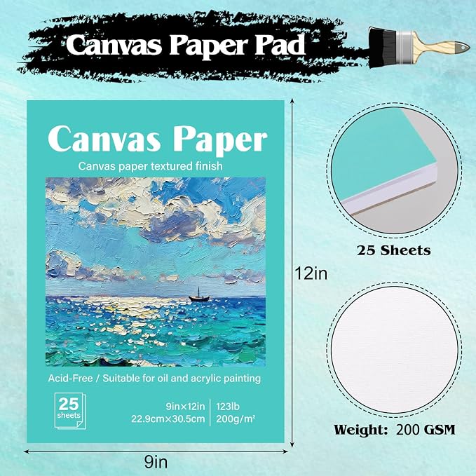 Prudiut Canvas Paper Pad 9x12 in, 25 Sheets, 180 GSM, Glue Bound | Canvas-Textured Surface, for Acrylic & Oil Painting, Easy Tear-Off Pages, for Students, Kids & Hobbyists