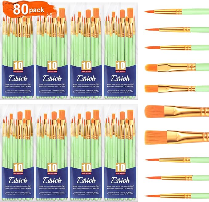 ESRICH 80PCS Paint Brushes, Paint Brush for Acrylic Painting | Artist Paintbrushes for Oil Watercolor, Body Face Rock Canvas, Small Paint Brushes for Kids, Green