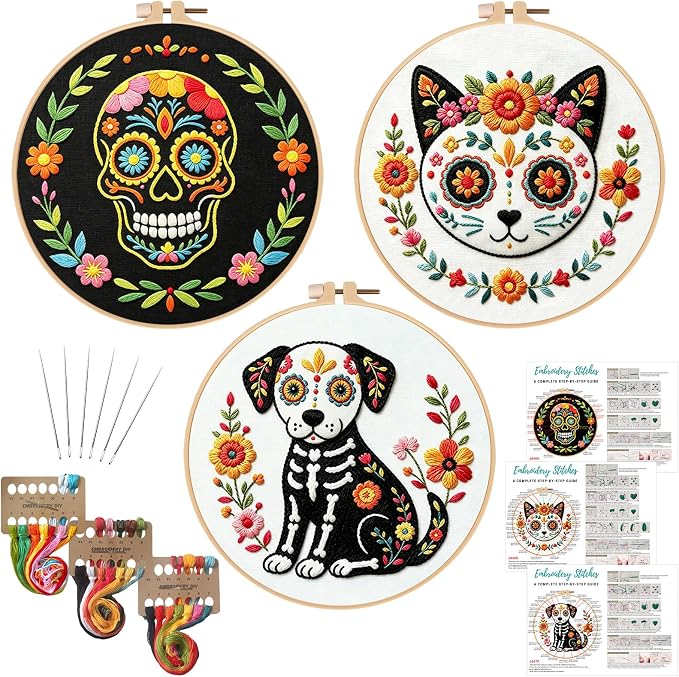 Nuberlic 3 Pack Sugar Skull Embroidery Kit for Beginners, Day of the Dead