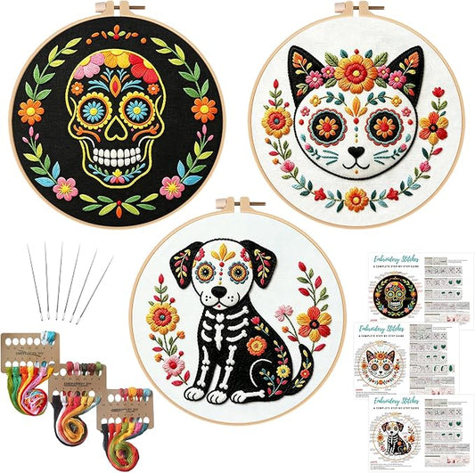 Nuberlic 3 Pack Sugar Skull Embroidery Kit for Beginners, Day of the Dead