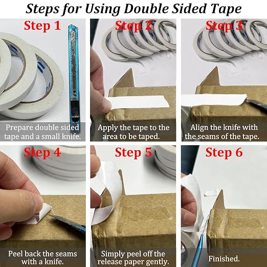 Double-Sided Fabric Tape, Hem Tape No Sew Double Sided Tape for Crafts Arts, 6 Rolls Strong Adhesive Cloth Sewing Tape for Hemming, Clothing Repairs, Pants, DIY Projects, Paper Backing (0.6/0.8/1inch)