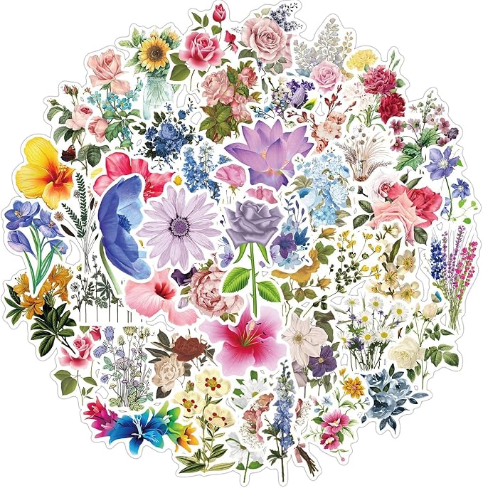 Flowers Vinyl Stickers 50 PCS, Botanical Aesthetic Waterproof Die-Cut Colorful Floral Sticker Pack for Journal Planner Notebook Scrapbook, Water Bottles Laptop Phone Case(Colourful-F11)